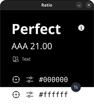 Screenshot of app. It shows a WCAG score and two sets of color picker tools, one for each color. They include buttons for selection and editing. Each color shows its hex value.